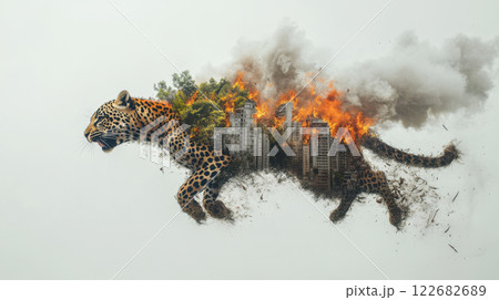 Conceptual art of leopard composed of fire and plants symbolizing nature's destruction and urbanization impact 122682689