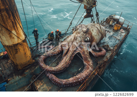 Giant octopus caught on ship deck with crew at sea amidst marine research expedition and ocean wildlife conservation efforts 122682699