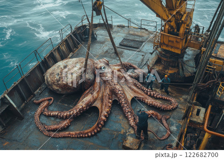 Giant octopus lifted onto fishing vessel deck with crane on a stormy sea day featuring fishermen operate in challenging ocean conditions 122682700