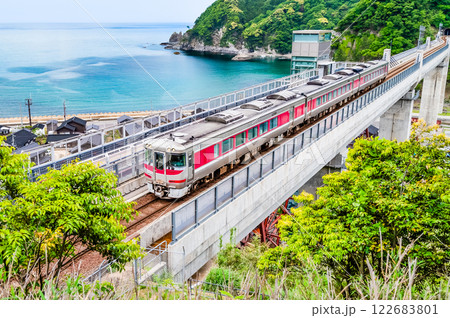山陰本線　余部橋梁を渡る特急はまかぜ 122683801
