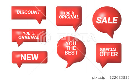 3D speech bubbles different shapes message icon. Text new sale discount special offer you are the best 100 percent original. For social media advertising posters. Vector isolated set. 3D speech bubbles different shapes message icon. Text new sale discount special offer you are the best 100 percent original. For social media advertising posters. Vector isolated set. 122683833