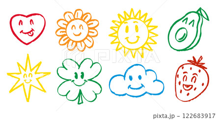 Cartoon kawaii fruits flowers and cloud with faces. Sun grunge expressions emoji with different 122683917