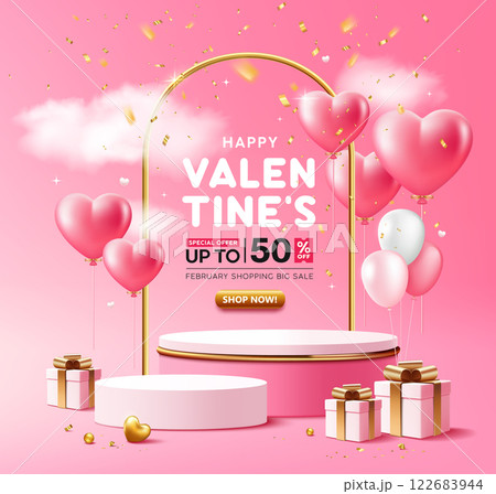 Valentines day podium display stage pink and gold podium heart shaped balloons and gift box gold ribbon, poster flyer Valentines day podium display stage pink and gold podium heart shaped balloons and gift box gold ribbon, poster flyer 122683944