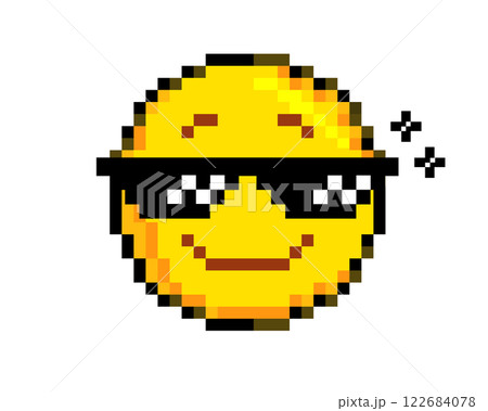 8 bits pixel art yellow happy big smiley face icon with retro sunglasses eyes 122684078