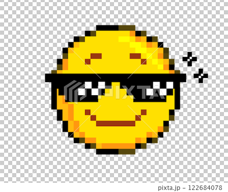 8 bits pixel art yellow happy big smiley face icon with retro sunglasses eyes 122684078