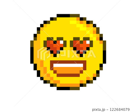 8 bits pixel art yellow happy big smiley face icon with heart eyes 122684079