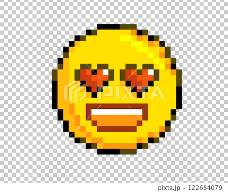 8 bits pixel art yellow happy big smiley face icon with heart eyes 122684079