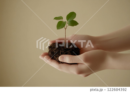 Hands holding and caring a green young plant. Hands holding and caring a green young plant. 122684392