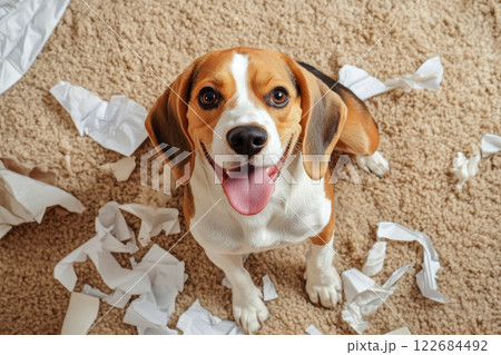 A beagle dog torn pillow stuffing and paper on a beige carpet. 122684492