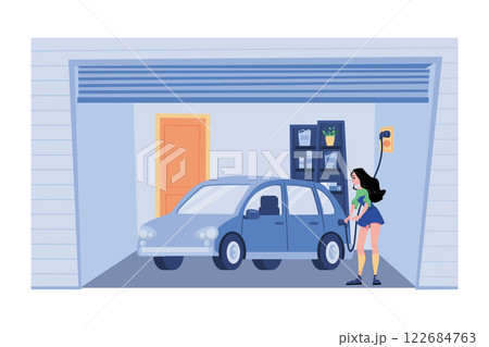 Woman Charging An Electric Car At Home Woman Charging An Electric Car At Home 122684763
