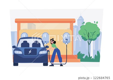 Woman Charges Electric Car At The Power Center 122684765