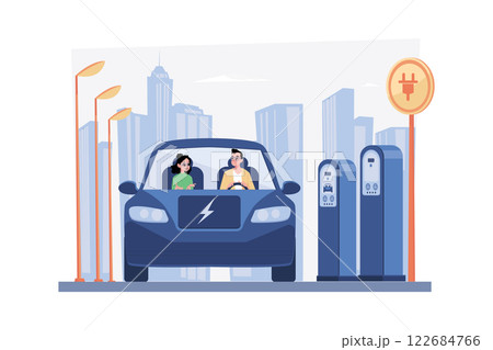 Couple Riding Electric Car Illustration concept. A flat illustration isolated on white background Couple Riding Electric Car Illustration concept. A flat illustration isolated on white background 122684766