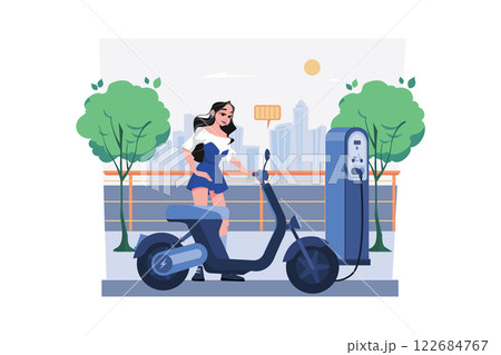 Woman Charges The Electric Bike At Electronic Vehicle Center 122684767