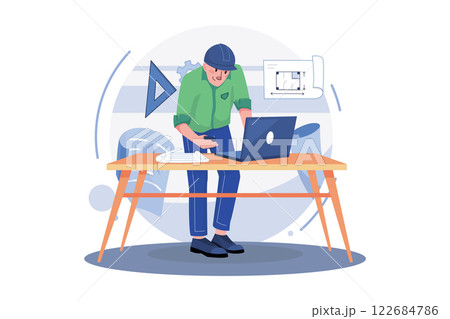 Man Contractor Working On Laptop Man Contractor Working On Laptop 122684786