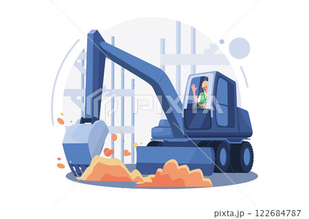 Truck Driver Rising Hand While Sitting In Construction Truck Truck Driver Rising Hand While Sitting In Construction Truck 122684787