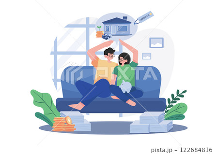Couple Sitting On The Sofa Thinking About New House Couple Sitting On The Sofa Thinking About New House 122684816