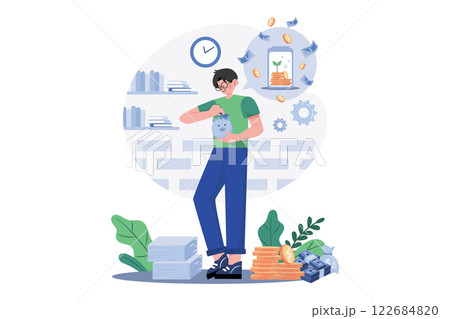 Man Saving Money Illustration concept. A flat illustration isolated on white background 122684820