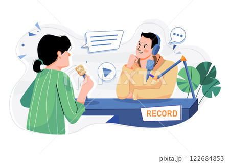 Man And Woman Recording A Podcast Conversation 122684853
