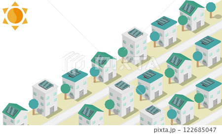 コピースペースのあるアイソメトリックな太陽光パネルが設置された住宅街のイメージ素材 122685047