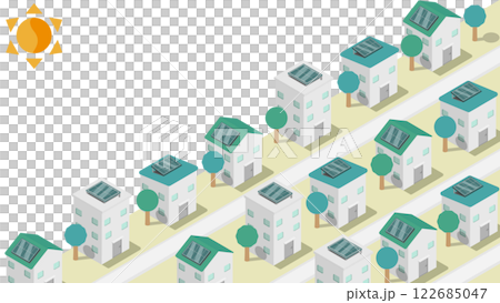 コピースペースのあるアイソメトリックな太陽光パネルが設置された住宅街のイメージ素材 122685047
