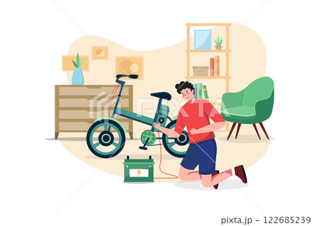 Man Charges The Electric Bike At Home Man Charges The Electric Bike At Home 122685239