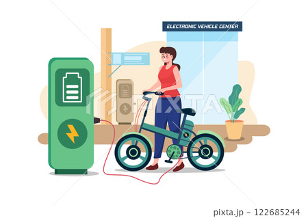 Woman Charges The Electric Bike At Electronic Vehicle Center Woman Charges The Electric Bike At Electronic Vehicle Center 122685244