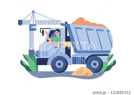 Truck Driver Rising Hand While Sitting In Construction Truck Truck Driver Rising Hand While Sitting In Construction Truck 122685252
