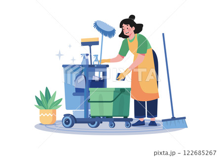 Female Cleaning Worker With Cleaning Equipment Female Cleaning Worker With Cleaning Equipment 122685267