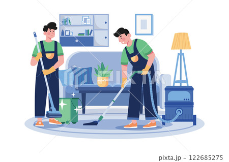Male Worker Doing Vacuum Cleaning The Clean Floor In The Living Room 122685275
