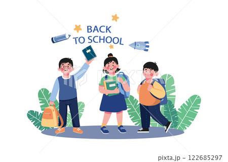 Children With Backpacks Are Ready To Go Back To School 122685297