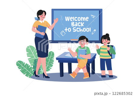 Teacher Welcomes Students Into The Class 122685302