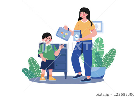 Mother Giving Lunchbox To Her Son Mother Giving Lunchbox To Her Son 122685306