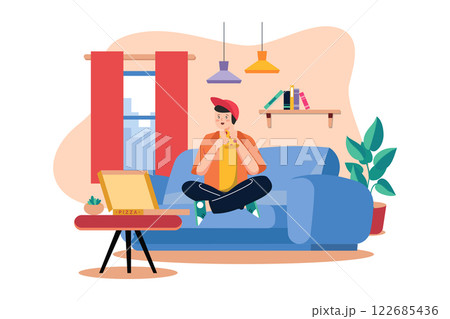 Boy Eating Pizza On Sofa Boy Eating Pizza On Sofa 122685436