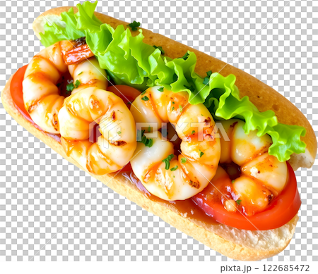 美味的蝦子三明治，配新鮮蔬菜和烤麵包 122685472