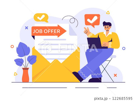 Job Offer Vector Illustration featuring a Businessman, Recruitment Process, Career Opportunities, and Company Vacancy in a Flat Style Background Job Offer Vector Illustration featuring a Businessman, Recruitment Process, Career Opportunities, and Company Vacancy in a Flat Style Background 122685595