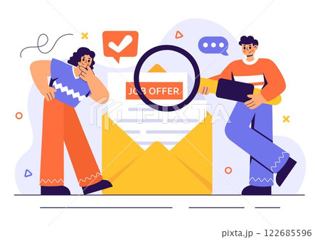 Job Offer Vector Illustration featuring a Businessman, Recruitment Process, Career Opportunities, and Company Vacancy in a Flat Style Background 122685596