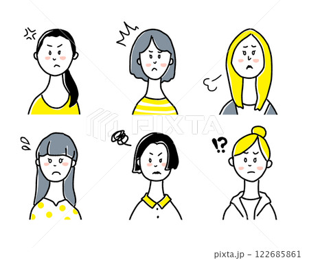 怒っている若い女性のアイコンのシンプルな線画イラスト素材セット 122685861