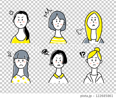 怒っている若い女性のアイコンのシンプルな線画イラスト素材セット 122685861