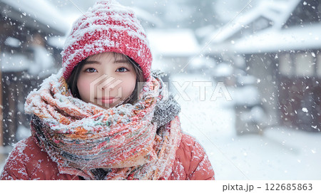 雪が降る外で毛糸の帽子とマフラーで防寒する若い女性 122685863