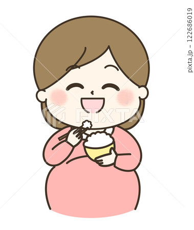 ご飯を美味しそうに食べる妊婦さんのゆるかわイラスト 122686019