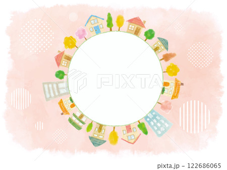 円環状に並んだ水彩風手描きのかわいい街並み-ピンク背景 122686065