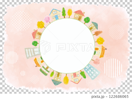 円環状に並んだ水彩風手描きのかわいい街並み-ピンク背景 122686065
