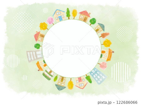 円環状に並んだ水彩風手描きのかわいい街並み-緑背景 122686066