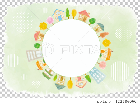 円環状に並んだ水彩風手描きのかわいい街並み-緑背景 122686066