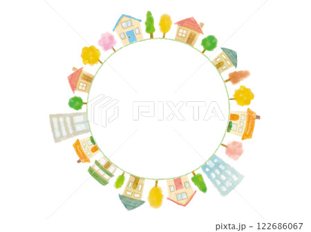 円環状に並んだ水彩風手描きのかわいい街並み-白背景 円環状に並んだ水彩風手描きのかわいい街並み-白背景 122686067