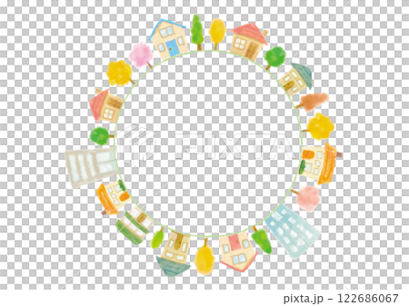 円環状に並んだ水彩風手描きのかわいい街並み-白背景 円環状に並んだ水彩風手描きのかわいい街並み-白背景 122686067