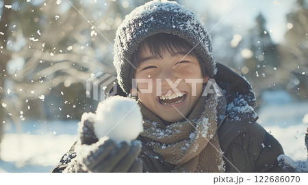 楽しそうに雪合戦をする男の子 122686070