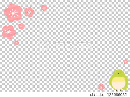 かわいいメジロと梅の花の手書き風イラスト かわいいメジロと梅の花の手書き風イラスト 122686085