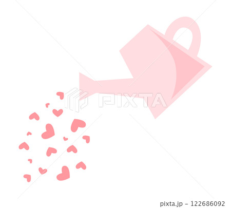 Flat cartoon pink watering can pouring small heart shapes. Simple romantic and love-themed illustration, suitable for Valentines Day, wedding, and love-related designs 122686092
