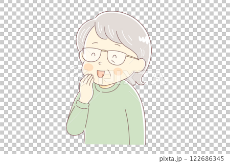 Elderly woman smiling with her hand over her mouth 122686345